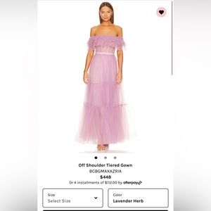 BCBG Maxazria off the shoulder tiered gown in lavender